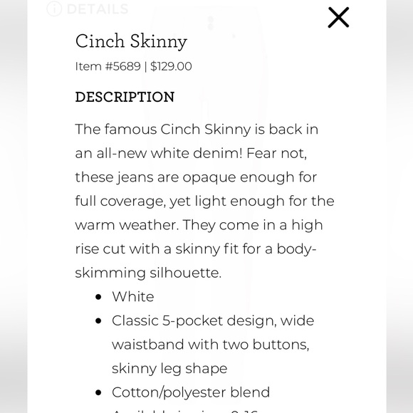 CAbi New in Bag Cinch Skinny White Jeans, size 8 - Picture 7 of 9